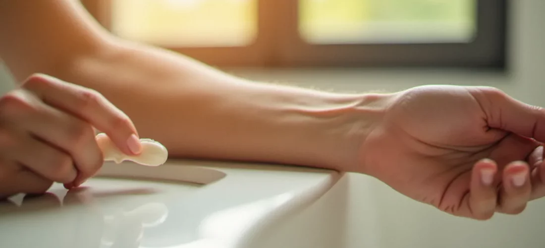 Un homme applique un autobronzant avec un gant en mousse sur son avant-bras, lumière naturelle matinale