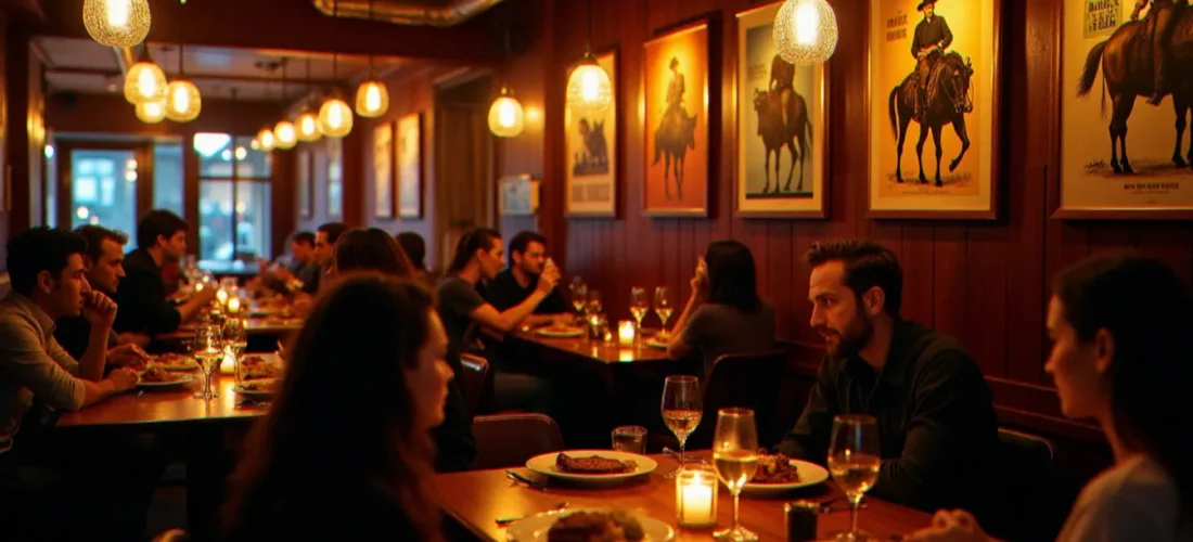 Salle intérieure animée de l'Indiana Café Vichy avec décoration américaine, lumières chaudes et tables garnies lors du service du soir