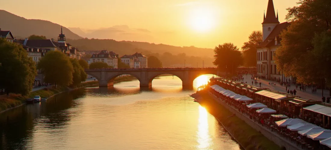 Coucher de soleil sur les bords de l'Allier à Vichy, au cœur de la région Auvergne-Rhône-Alpes, avec promeneurs et terrasses