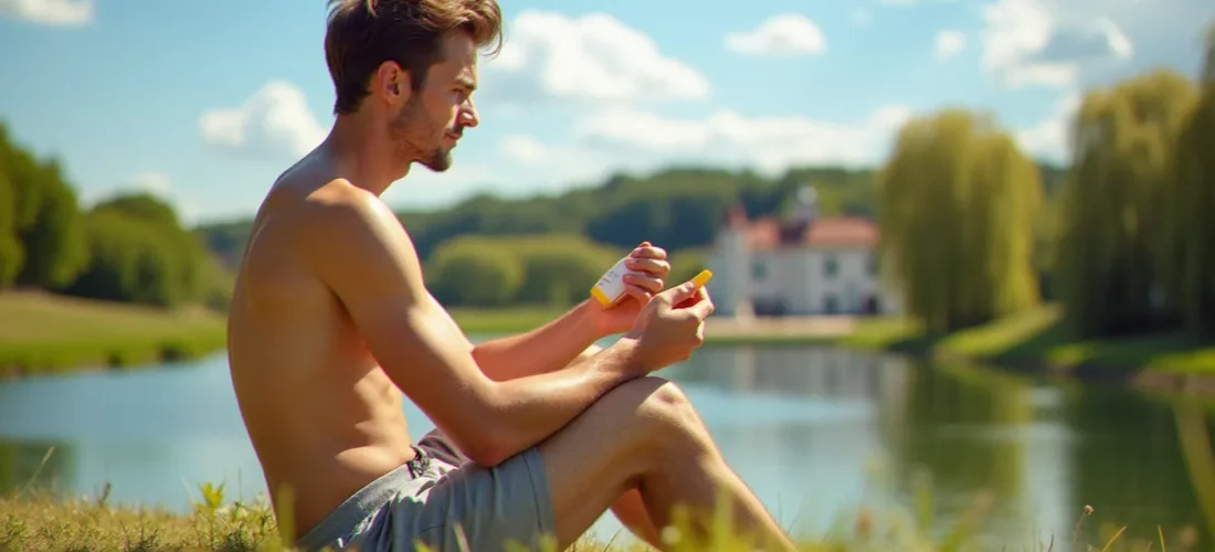 Application du Lancaster Infinite Bronze au bord de l'Allier à Vichy, un homme profitant du soleil d'été en prenant soin de sa peau avec une crème solaire premium