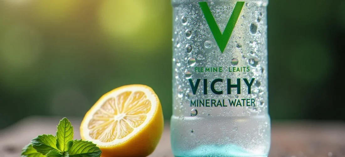 Bouteille d'eau minérale Vichy fraîche sur une table en bois avec citron et menthe