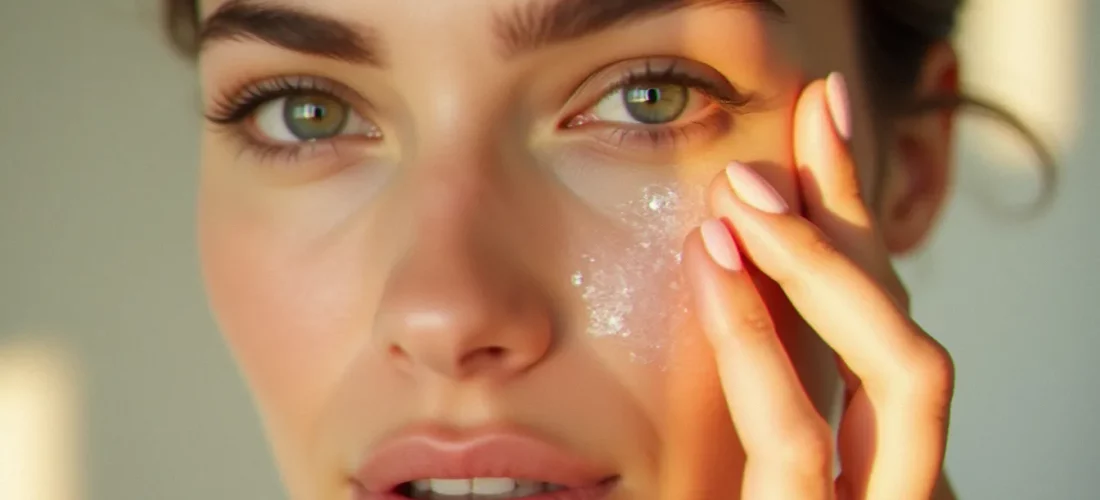 Femme appliquant le meilleur autobronzant pour le visage avec les doigts sous une lumière naturelle dorée