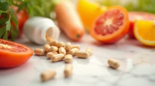 Gélules de compléments alimentaires bronzage disposées sur un fond blanc avec des aliments riches en caroténoïdes naturels comme la carotte et la tomate