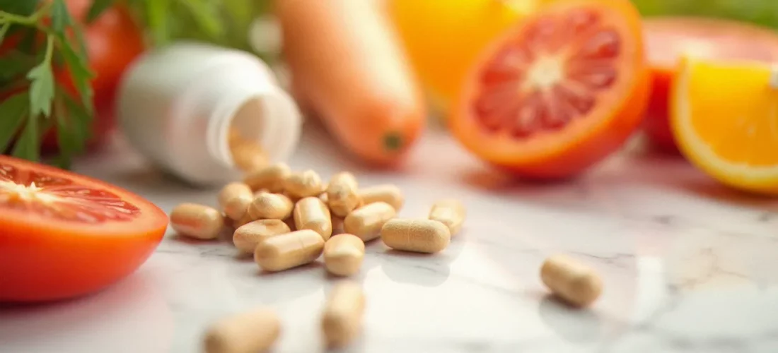 Gélules de compléments alimentaires bronzage disposées sur un fond blanc avec des aliments riches en caroténoïdes naturels comme la carotte et la tomate