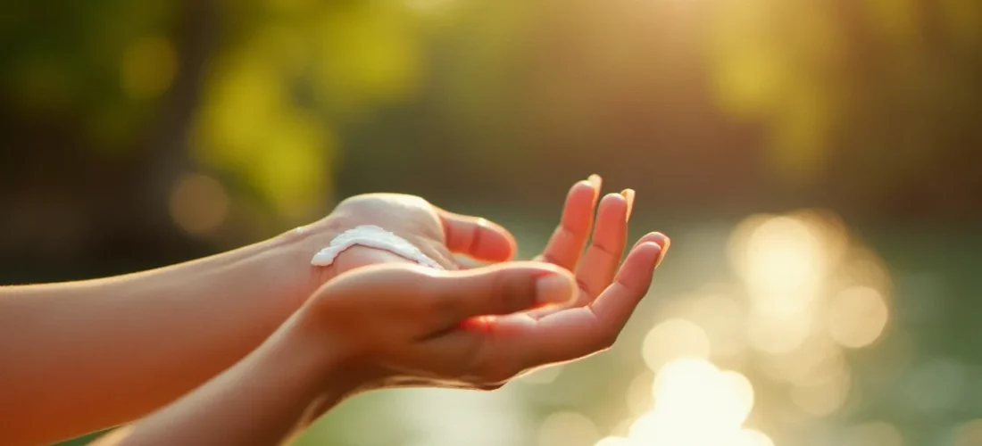 Application d'une crème solaire accélérateur de bronzage sur la peau dorée d'une femme au bord d'une rivière ensoleillée