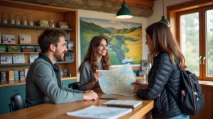Conseiller d'un office tourisme Puy de Dôme remettant une carte de randonnée à un visiteur au comptoir d'accueil