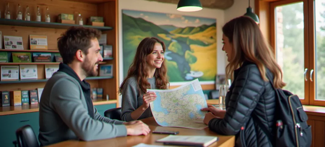 Conseiller d'un office tourisme Puy de Dôme remettant une carte de randonnée à un visiteur au comptoir d'accueil