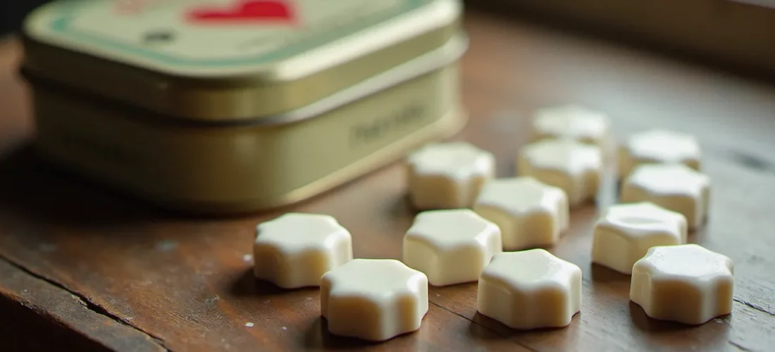 Pastilles Vichy octogonales blanches disposées sur une surface en bois avec leur boîte métal vintage
