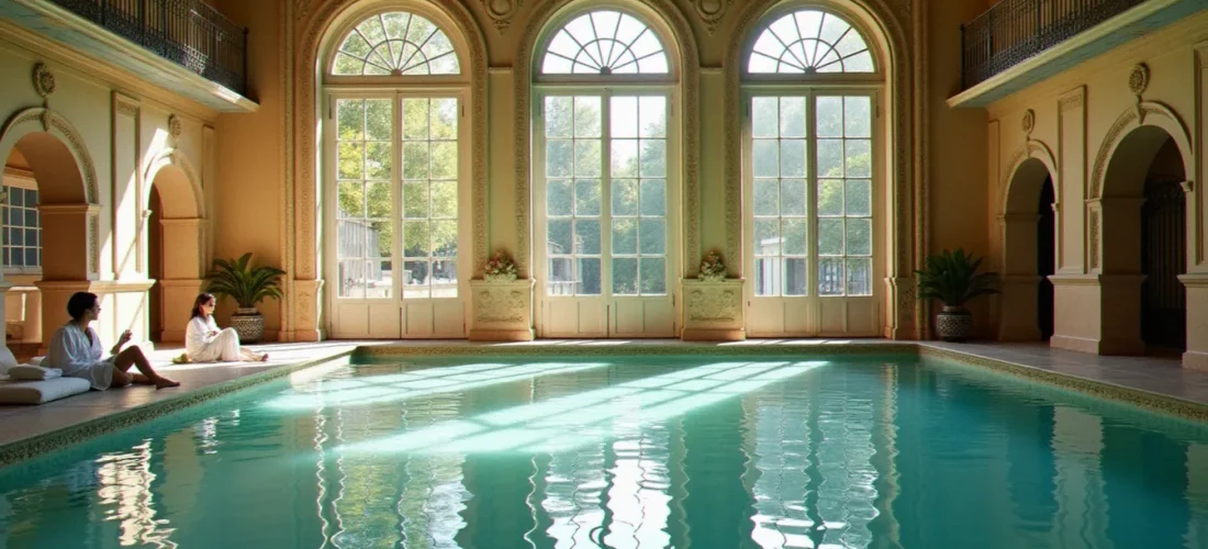Piscine thermale intérieure d'un établissement de cure à Vichy, illustrant le régime Vichy et la tradition des soins par les eaux minérales