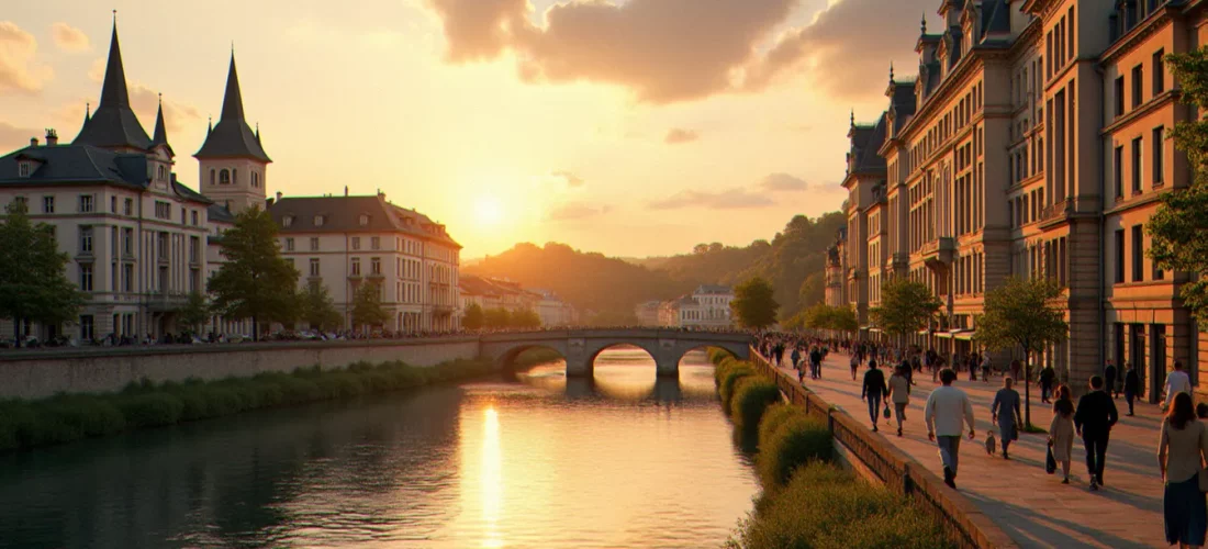Vue panoramique de Vichy et de l'Allier au coucher du soleil, avec des bâtiments historiques et des promeneurs.