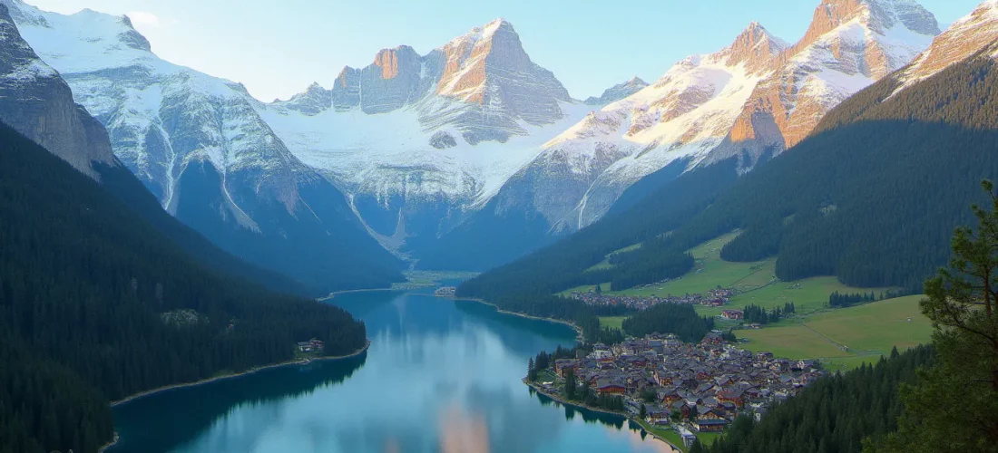 Vue aérienne des Alpes françaises avec un lac alpin et un village traditionnel dans la région Rhône-Alpes
