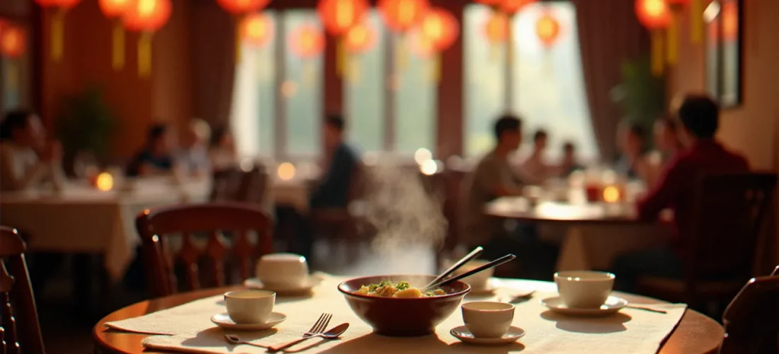 Salle d'un restaurant chinois à Vichy avec table dressée, lanternes rouges et soupe vapeur, illustrant l'ambiance et les prix accessibles de la cuisine chinoise locale