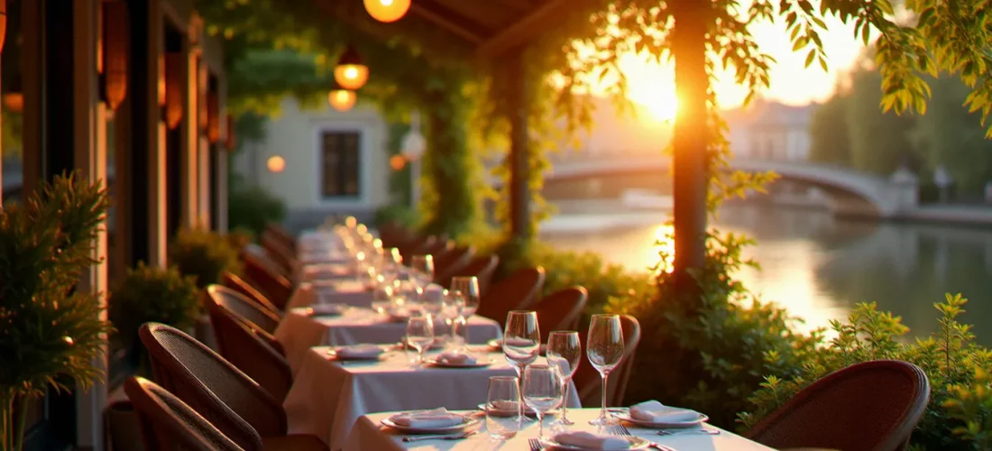Terrasse d'un restaurant à Vichy au coucher du soleil avec vue sur l'Allier, tables dressées et architecture Belle Époque, idéal pour trouver un restaurant Vichy autour de moi