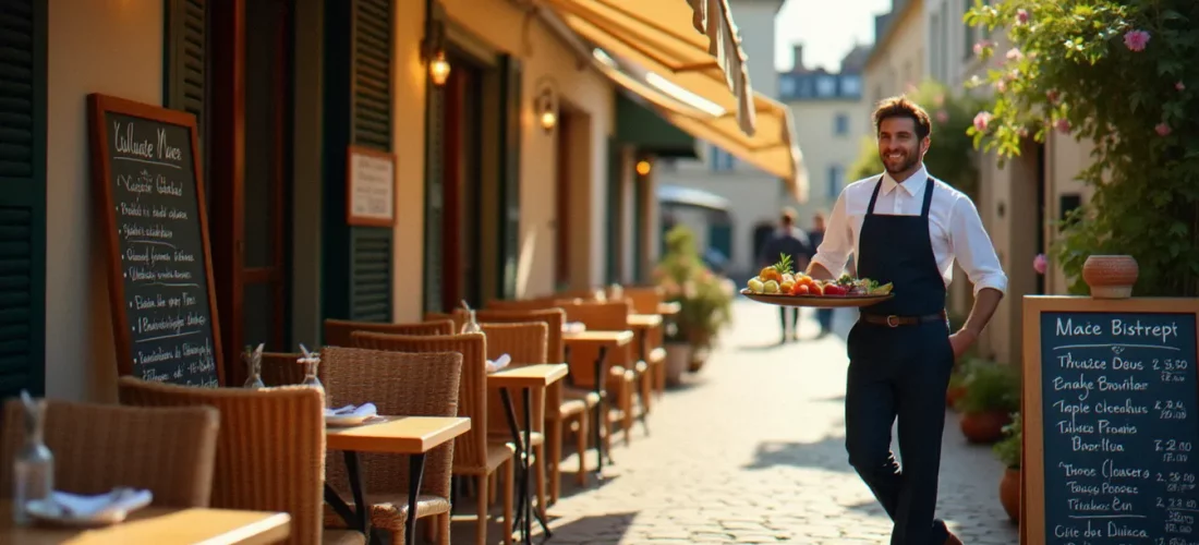Terrasse ensoleillée d'un bistrot pas cher à Vichy avec ardoise de menu extérieure et tables en bois