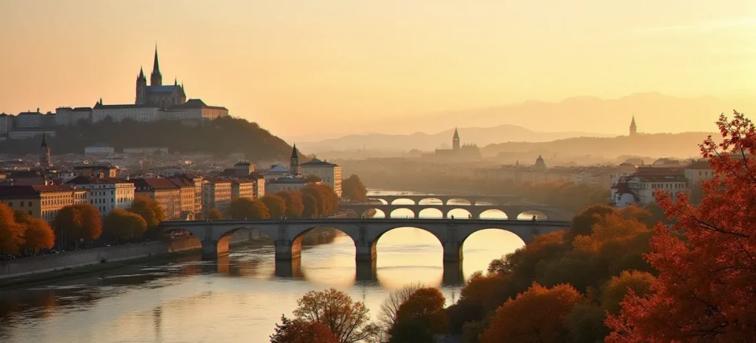 Vue panoramique de Lyon et de la basilique de Fourvière au coucher du soleil, région Rhône Alpes