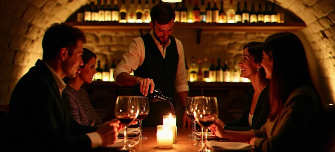 Soirée dégustation vin à Bruxelles dans une cave à vin, sommelier servant du vin rouge à un petit groupe autour d'une table en bois