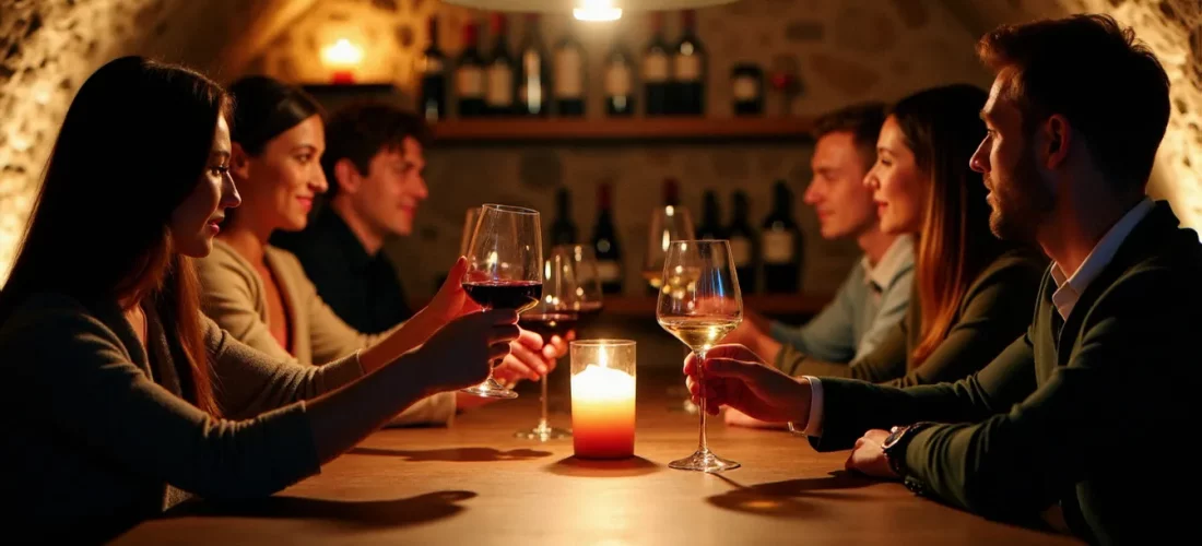 Groupe de personnes participant à une soirée dégustation vin dans une cave en pierre, levant leurs verres à la lumière lors d'une initiation œnologique