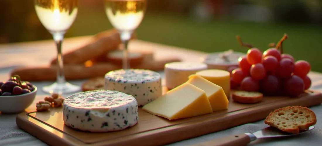 Plateau de dégustation vin et fromage avec cinq variétés de fromages français, noix, raisins et deux verres de vin à la lumière dorée du soir