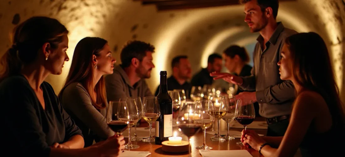 Soirée dégustation vin dans une cave voûtée en pierre à Montpellier, avec des verres de vins languedociens servis sur une table en bois à la lumière des bougies