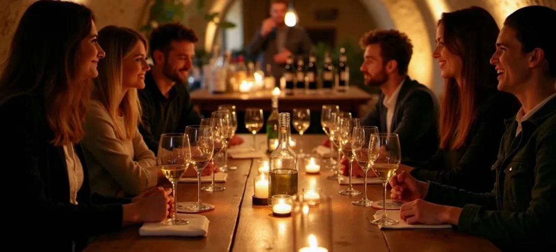 Soirée dégustation vin à Nantes dans une cave voûtée, verres de Muscadet sur table en bois avec groupe d'amateurs autour d'un sommelier