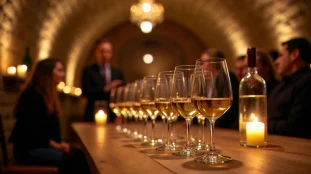 Soirée dégustation vin dans une cave alsacienne à Strasbourg, verres de riesling alignés sur une table en bois à la lumière des bougies