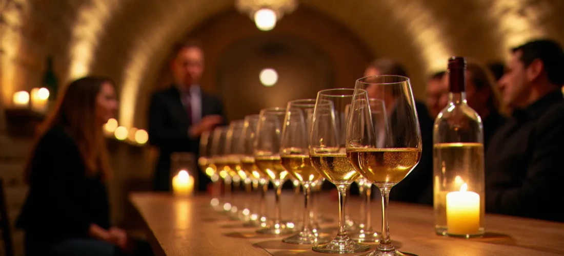 Soirée dégustation vin dans une cave alsacienne à Strasbourg, verres de riesling alignés sur une table en bois à la lumière des bougies