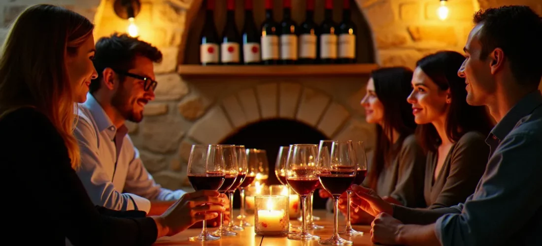 Soirée dégustation vin à Toulouse dans une cave voûtée, six verres alignés sur une table en bois devant des participants attentifs