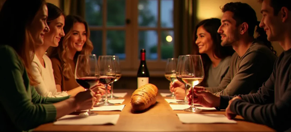 Soirée dégustation vins conviviale avec six personnes autour d'une table en bois, verres de vin rouge et blanc, fiches de dégustation et baguette de pain