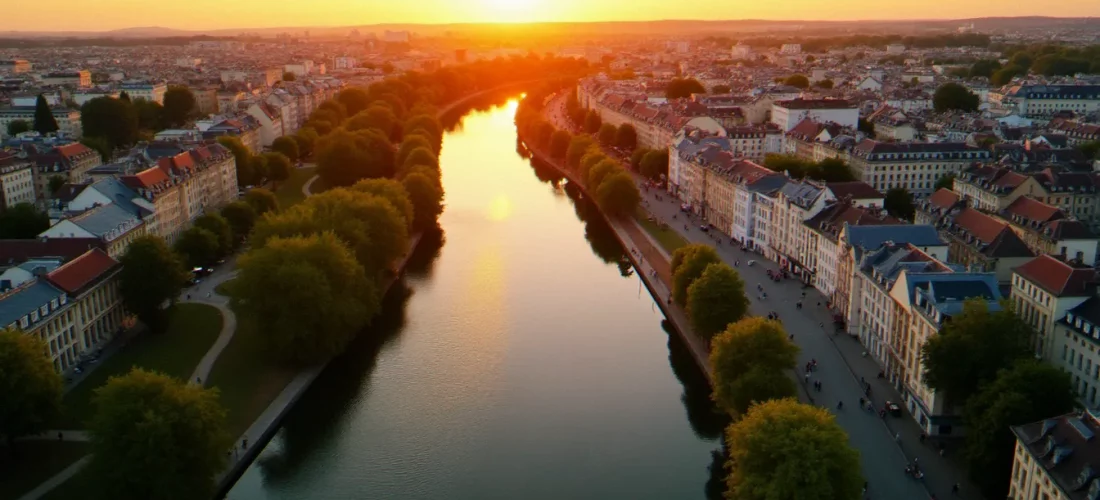 Vue aérienne de Vichy au coucher du soleil avec les bords de l'Allier illuminés, idéal pour sortir à Vichy ce week-end