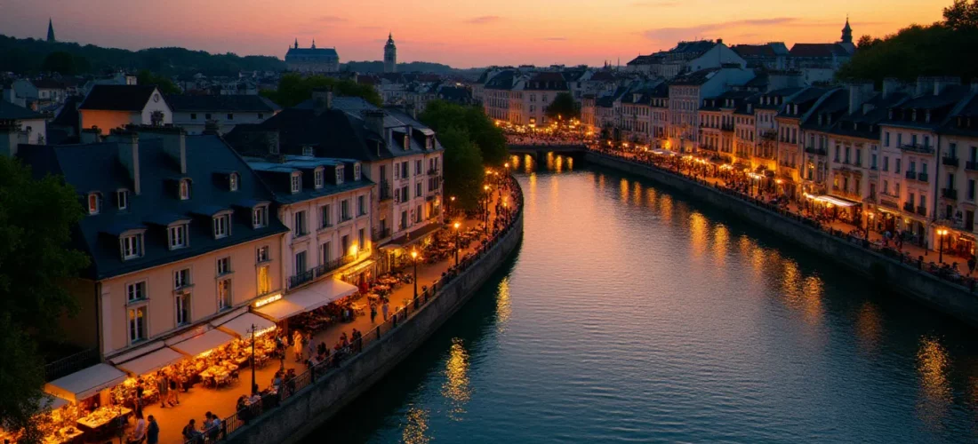 Vue aérienne de Vichy au coucher du soleil avec les terrasses animées en bord d'Allier, idéal pour sortir à Vichy le soir