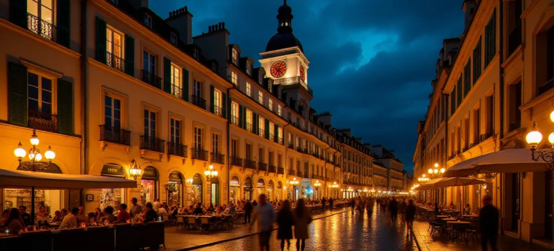 Sortir à Vichy le soir : terrasse animée et architecture Belle Époque illuminée du centre-ville
