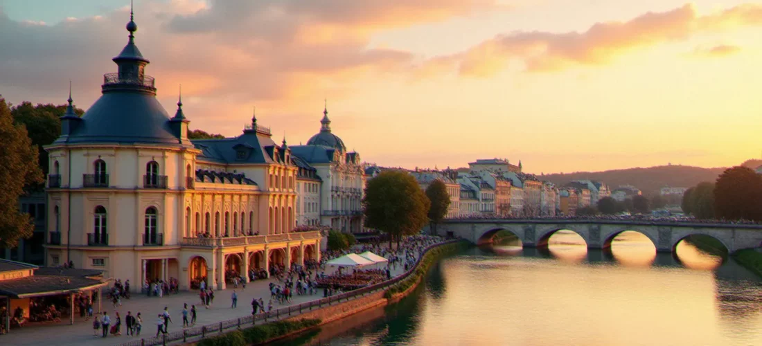 Vue panoramique du centre de Vichy au coucher du soleil un soir de week-end d'été, avec les terrasses animées et le bâtiment Belle Époque du casino pour illustrer les sorties à Vichy le week-end