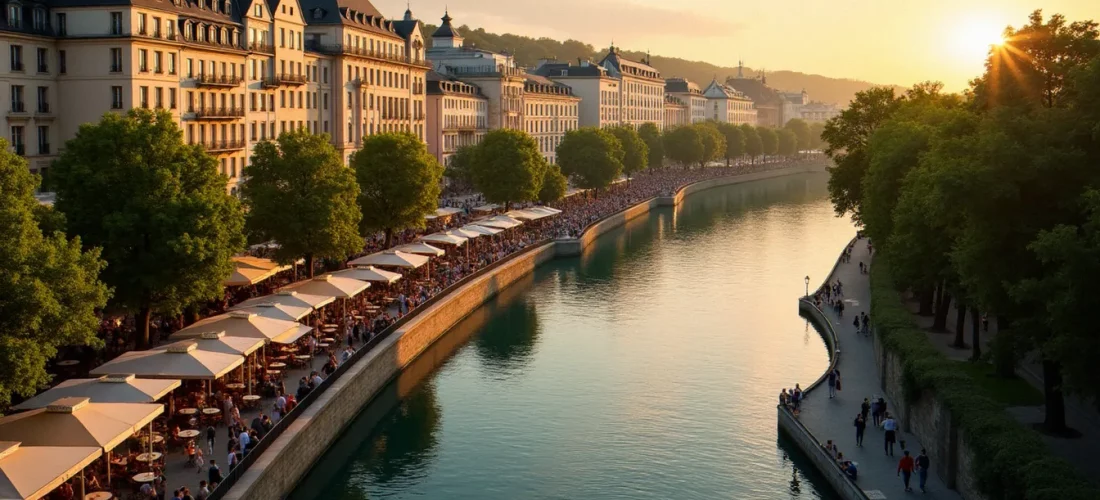 Vue aérienne de Vichy le week-end au coucher du soleil, terrasses animées en bord d'Allier et architecture Belle Époque pour sortir à Vichy le week-end