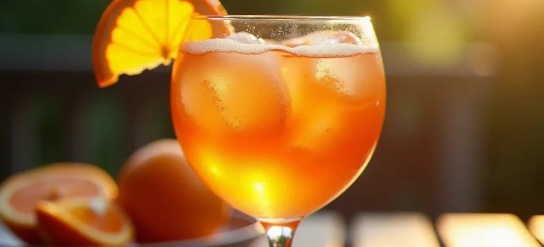 Verre de spritz aperitivo avec rondelle d'orange et glaçons sur une terrasse ensoleillée, évoquant le spritz aperitivo Eurospin servi à l'italienne