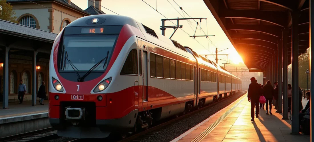 Un train TER Auvergne-Rhône-Alpes à quai dans une gare de ville thermale, au coucher du soleil, avec quelques voyageurs sur le quai