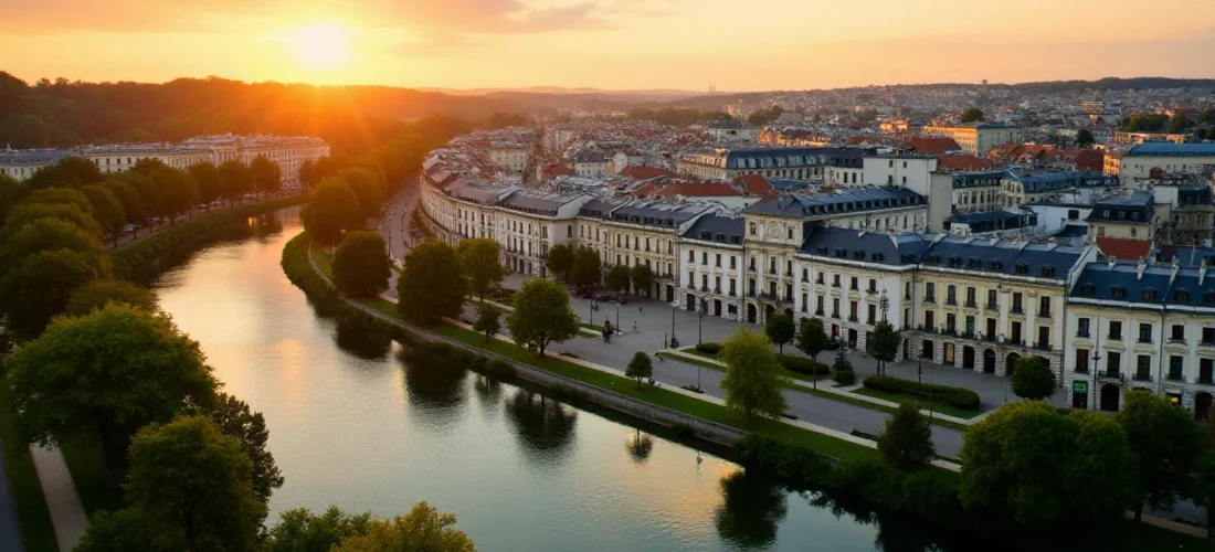 Vue aérienne du centre-ville de Vichy au coucher du soleil, avec l'architecture Belle Époque et les bords de l'Allier illustrant le tourisme à Vichy et en Auvergne