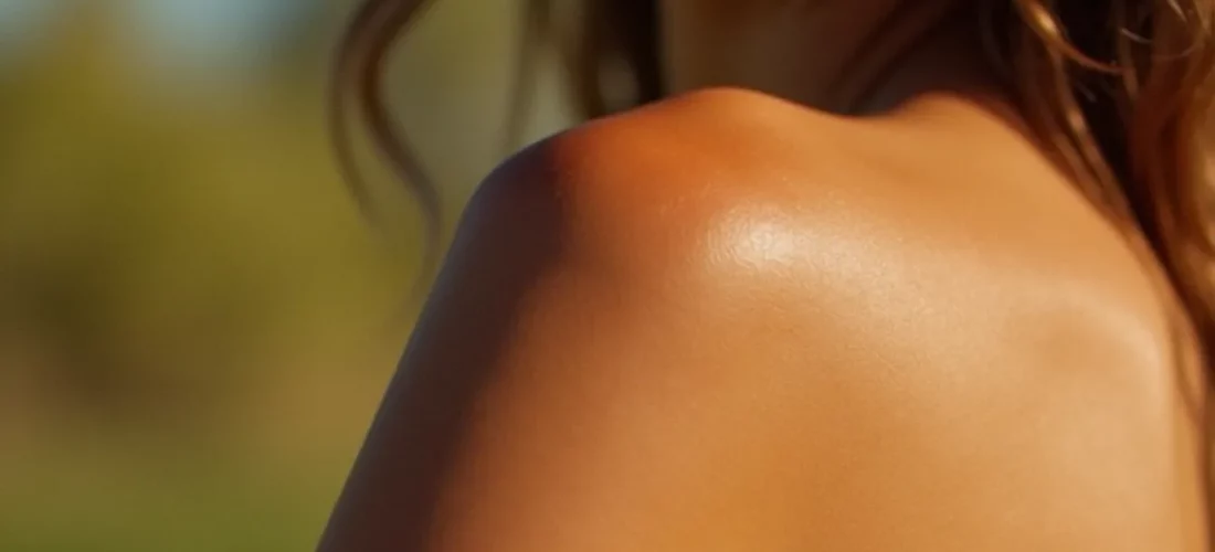 Épaule féminine montrant la transition d'un léger coup de soleil rouge vers un bronzage doré uniforme — illustrant comment transformer un coup de soleil en bronzage avec les bons soins