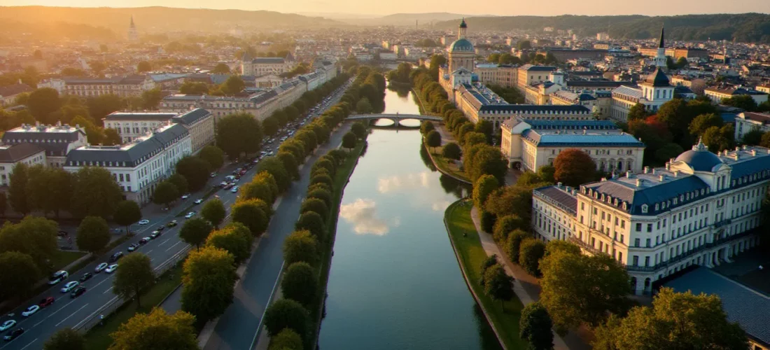Vue aérienne du centre-ville de Vichy créée au fil des siècles, avec ses bâtiments Belle Époque et les bords de l'Allier