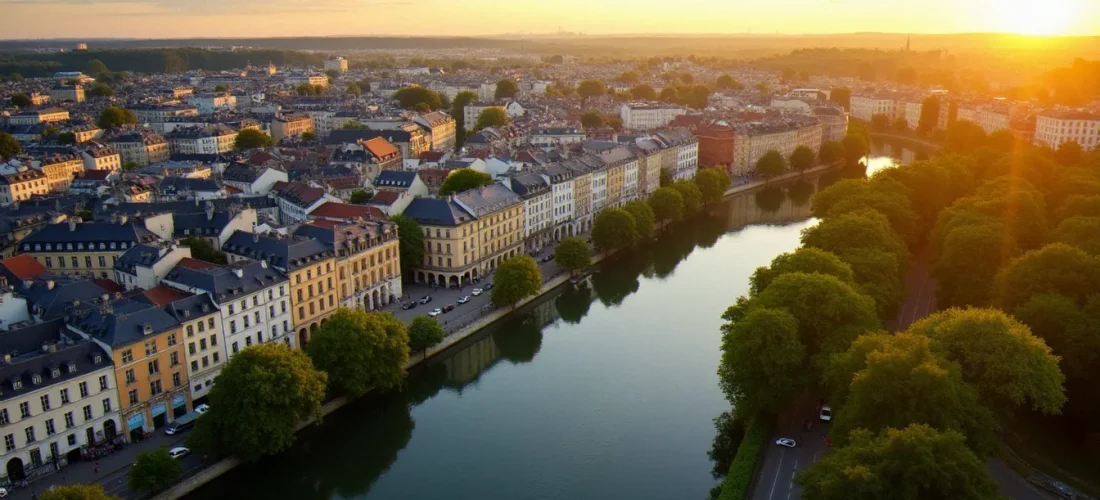 Vue aérienne de Vichy au coucher du soleil, avec les bords de l'Allier et les façades Belle Époque, illustrant ce qu'est Vichy aujourd'hui