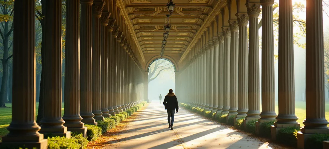Promeneur sous la galerie couverte du parc des Sources à Vichy, point de départ d'un itinéraire Vichy à pied