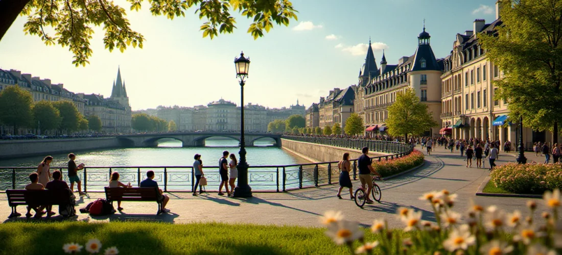Vue sur le parc de l'Allier à Vichy avec promeneurs et façades Art Déco, illustration d'une escapade à Vichy pas cher
