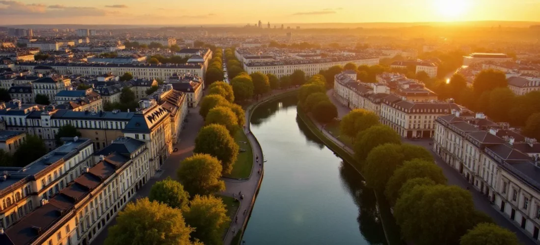 Vue aérienne de Vichy au coucher du soleil, illustrant la ville prononcée et appelée "Reine des villes d'eaux", avec le parc thermal et l'Allier en arrière-plan