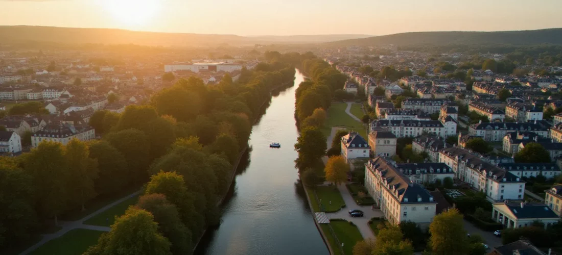 Vue aérienne de Vichy au bord de l'Allier, illustrant Vichy sur la carte de France au cœur de l'Allier
