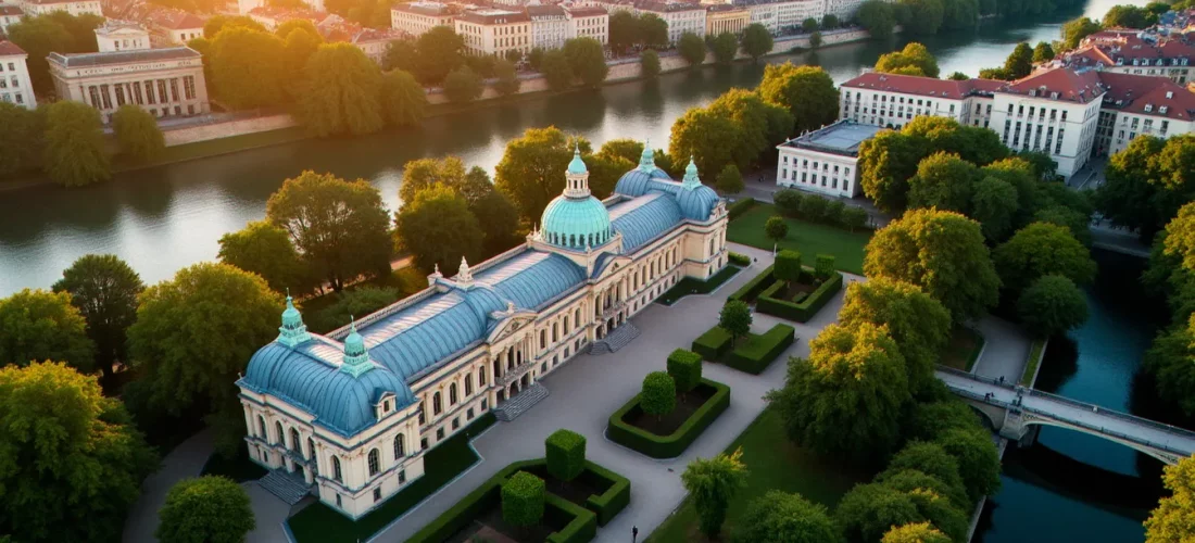 Vue aérienne de Vichy ville au coucher du soleil, avec l'architecture thermale Belle Époque et les rives de l'Allier
