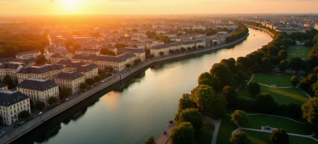 Vue panoramique de Vichy en week end au coucher du soleil, berges de l'Allier et architecture Belle Époque en arrière-plan
