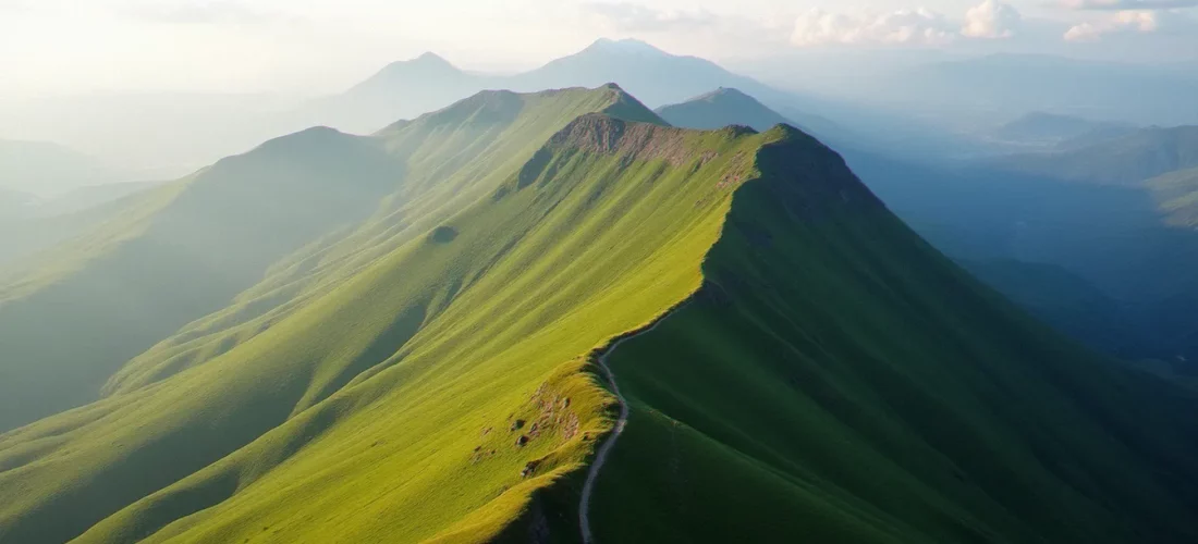 Vue aérienne du Puy de Dôme et de la Chaîne des Puys en Auvergne, idéale pour une volcan Auvergne visite depuis Vichy