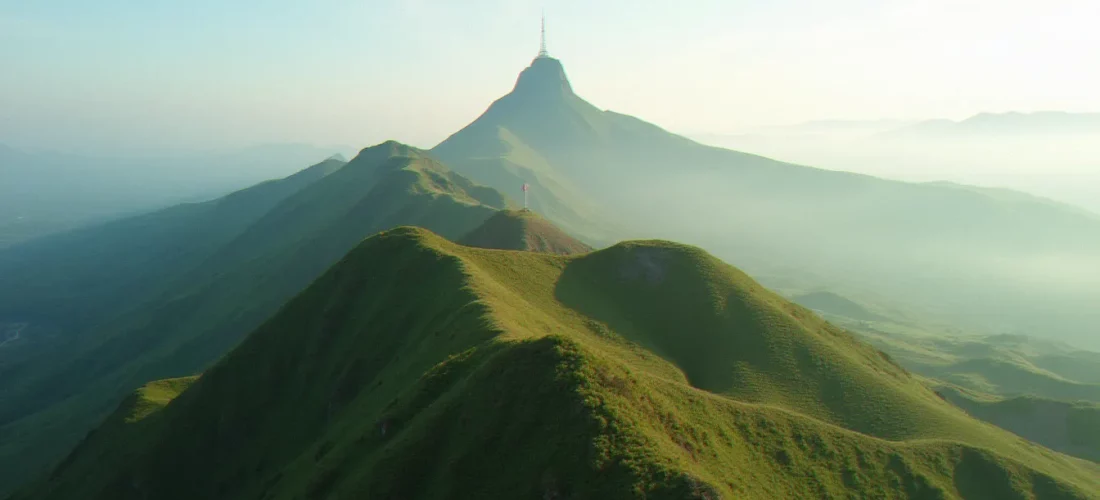 Vue aérienne des volcans de Clermont Ferrand, avec la Chaîne des Puys et le Puy de Dôme dans la brume du matin