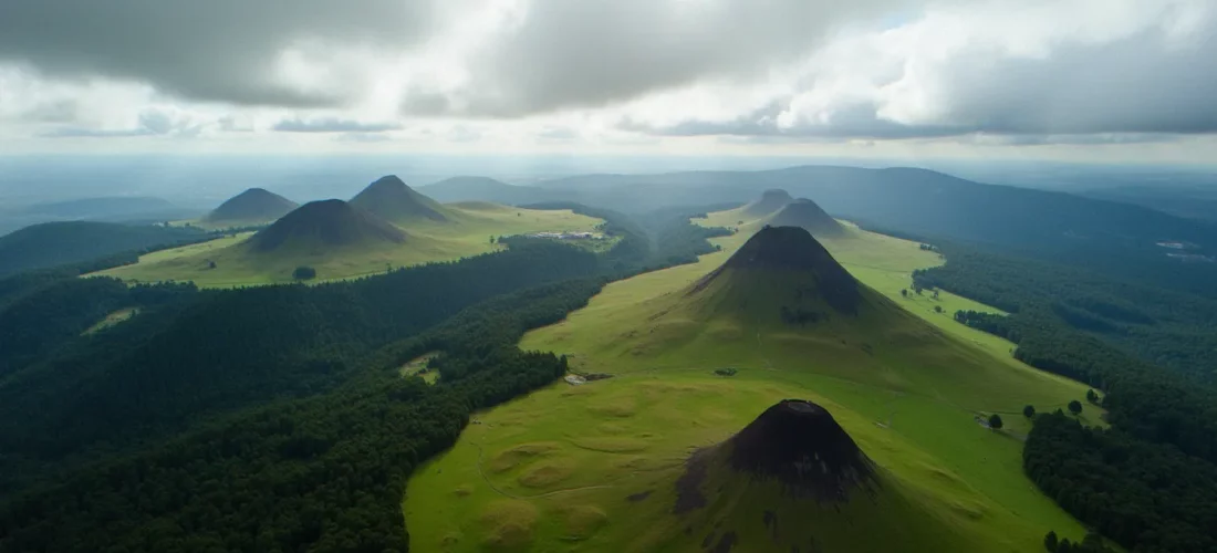 Vue aérienne de la Chaîne des Puys, ensemble de volcans d'Auvergne classés au patrimoine mondial de l'UNESCO
